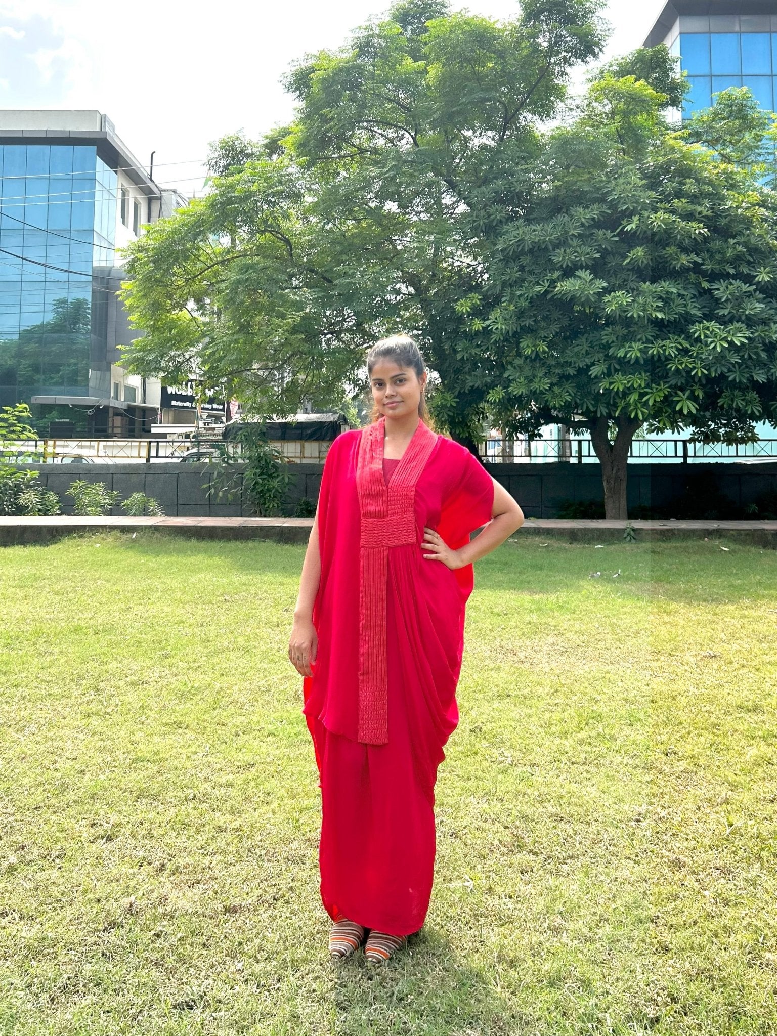 Shimmer Cross Pleated Red Kaftan - Western Era Tops for women