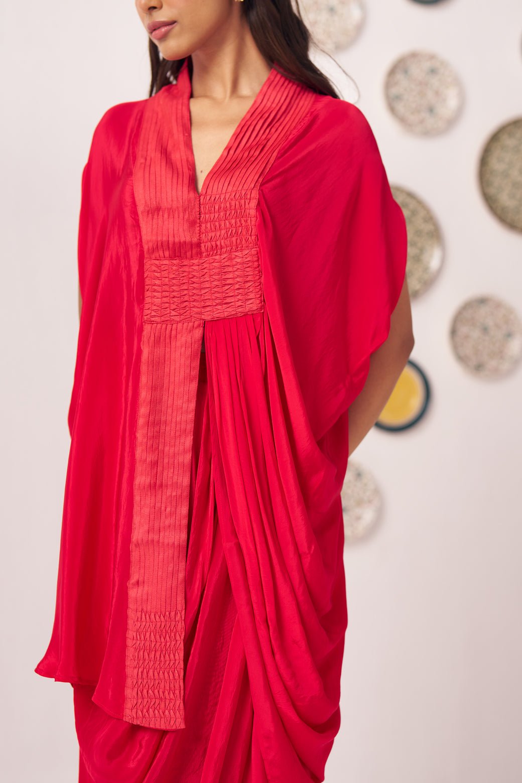 Shimmer Cross Pleated Red Kaftan - Western Era Tops for women
