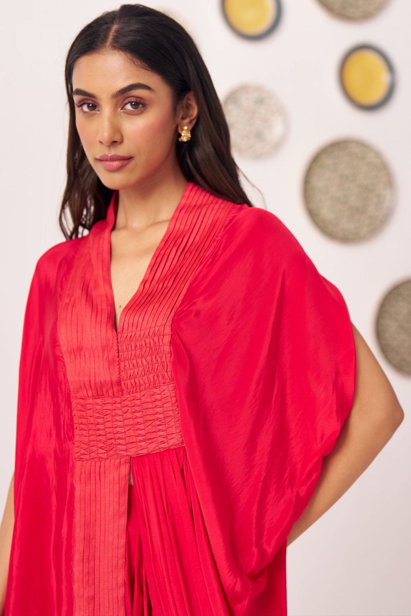 Shimmer Cross Pleated Red Kaftan - Western Era Tops for women