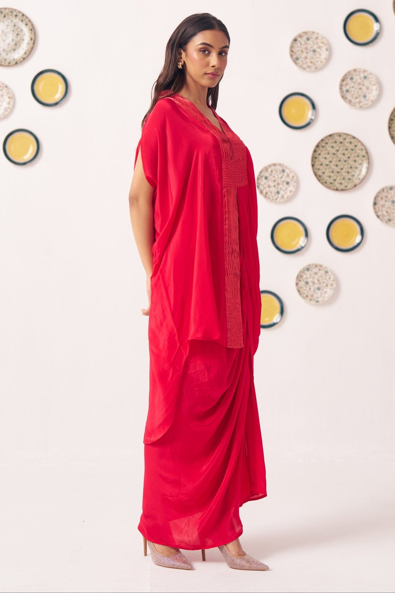 Shimmer Cross Pleated Red Kaftan - Western Era Tops for women
