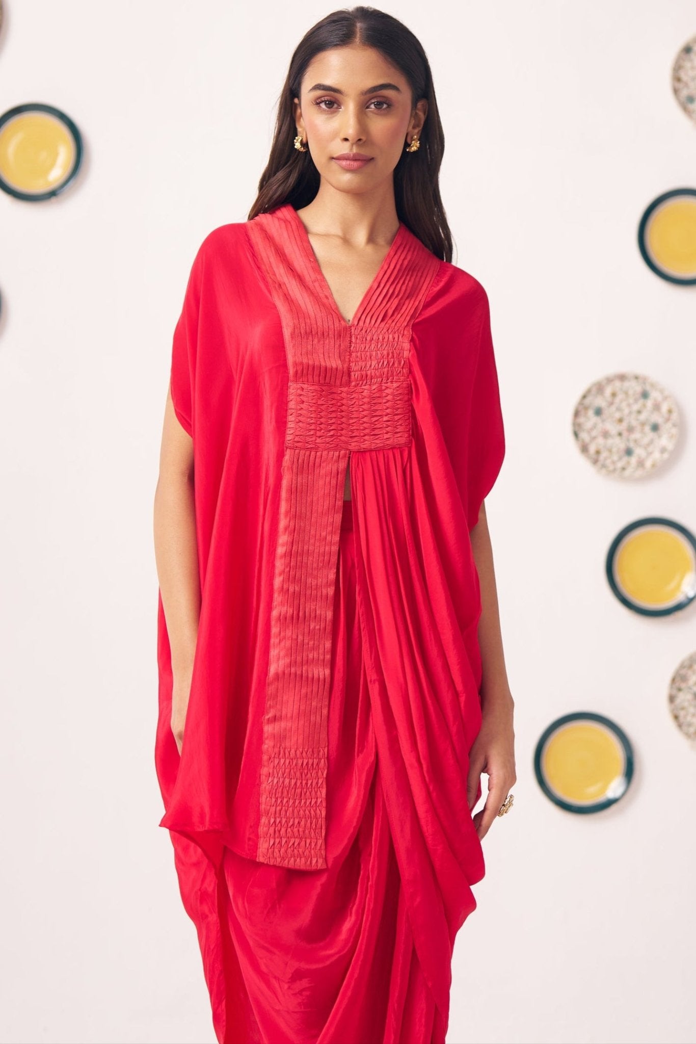 Shimmer Cross Pleated Red Kaftan - Western Era Tops for women