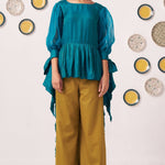 Shimmer Teal Pleated Top with Bow Tie Sleeve and Mustard Ruffled Trouser Set - Western Era Tops for women