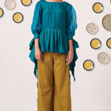 Shimmer Teal Pleated Top with Bow Tie Sleeve and Mustard Ruffled Trouser Set - Western Era Tops for women