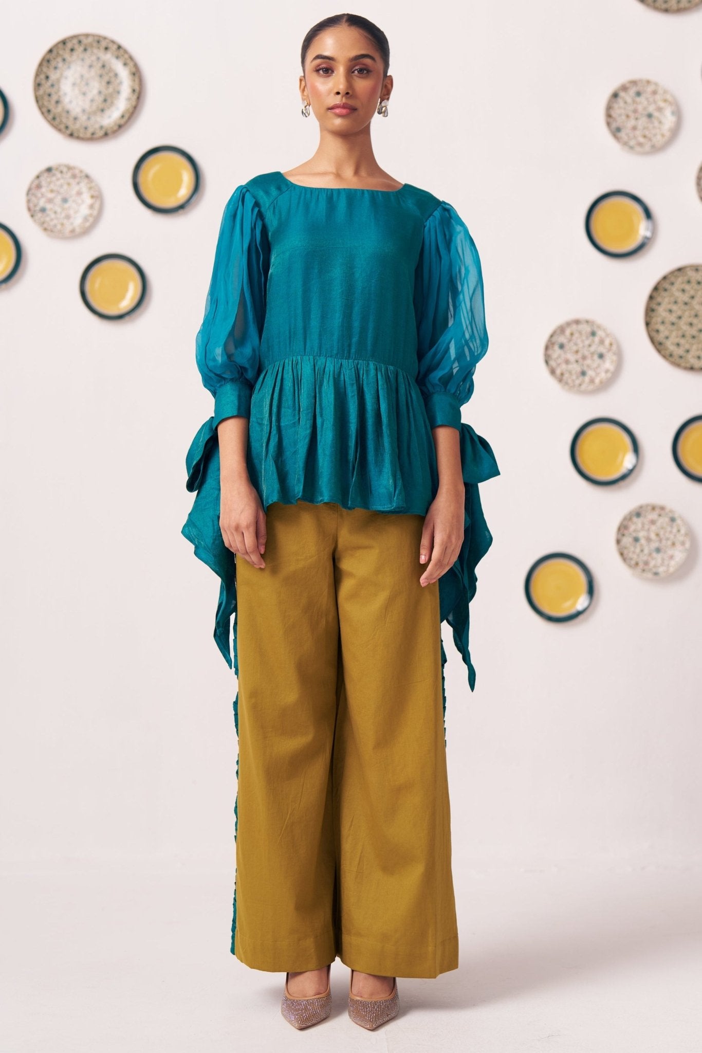 Shimmer Teal Pleated Top with Bow Tie Sleeve and Mustard Ruffled Trouser Set - Western Era Tops for women