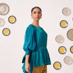 Shimmer Teal Pleated Top with Bow Tie Sleeve and Mustard Ruffled Trouser Set - Western Era Tops for women