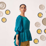 Shimmer Teal Pleated Top with Bow Tie Sleeve and Mustard Ruffled Trouser Set - Western Era Tops for women