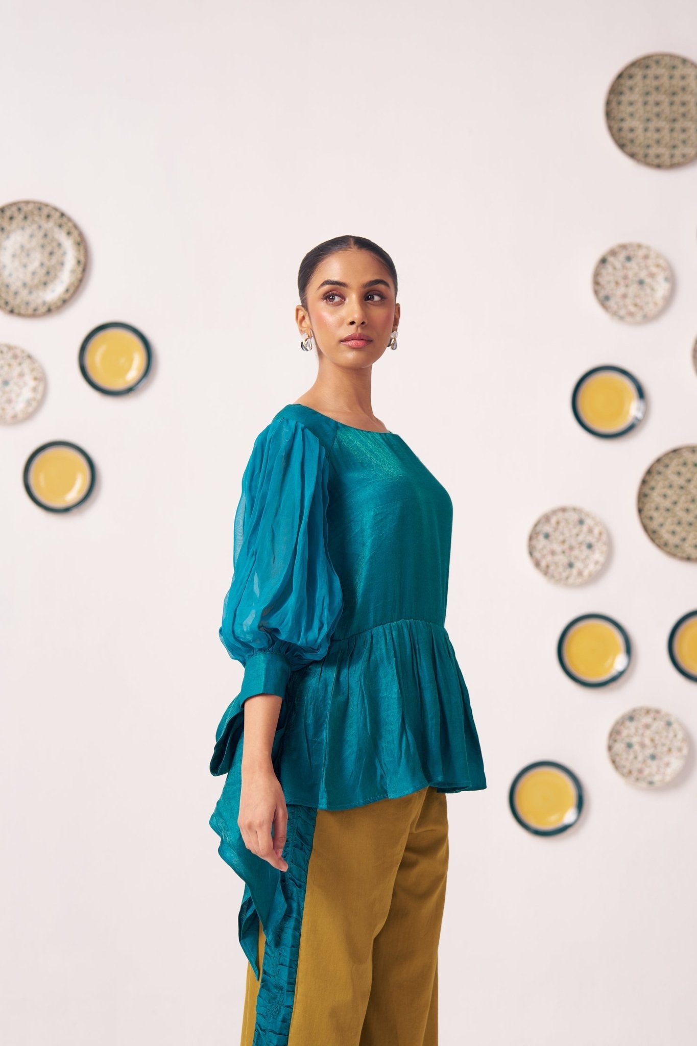 Shimmer Teal Pleated Top with Bow Tie Sleeve and Mustard Ruffled Trouser Set - Western Era Tops for women