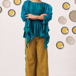 Shimmer Teal Pleated Top with Bow Tie Sleeve and Mustard Ruffled Trouser Set - Western Era Tops for women
