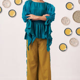 Shimmer Teal Pleated Top with Bow Tie Sleeve and Mustard Ruffled Trouser Set - Western Era Tops for women