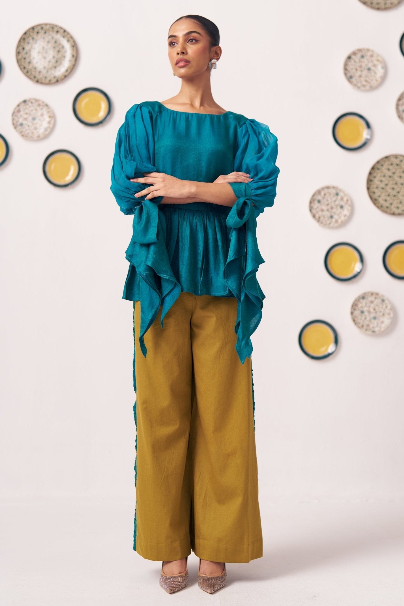 Shimmer Teal Pleated Top with Bow Tie Sleeve and Mustard Ruffled Trouser Set - Western Era Tops for women