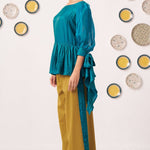 Shimmer Teal Pleated Top with Bow Tie Sleeve and Mustard Ruffled Trouser Set - Western Era Tops for women