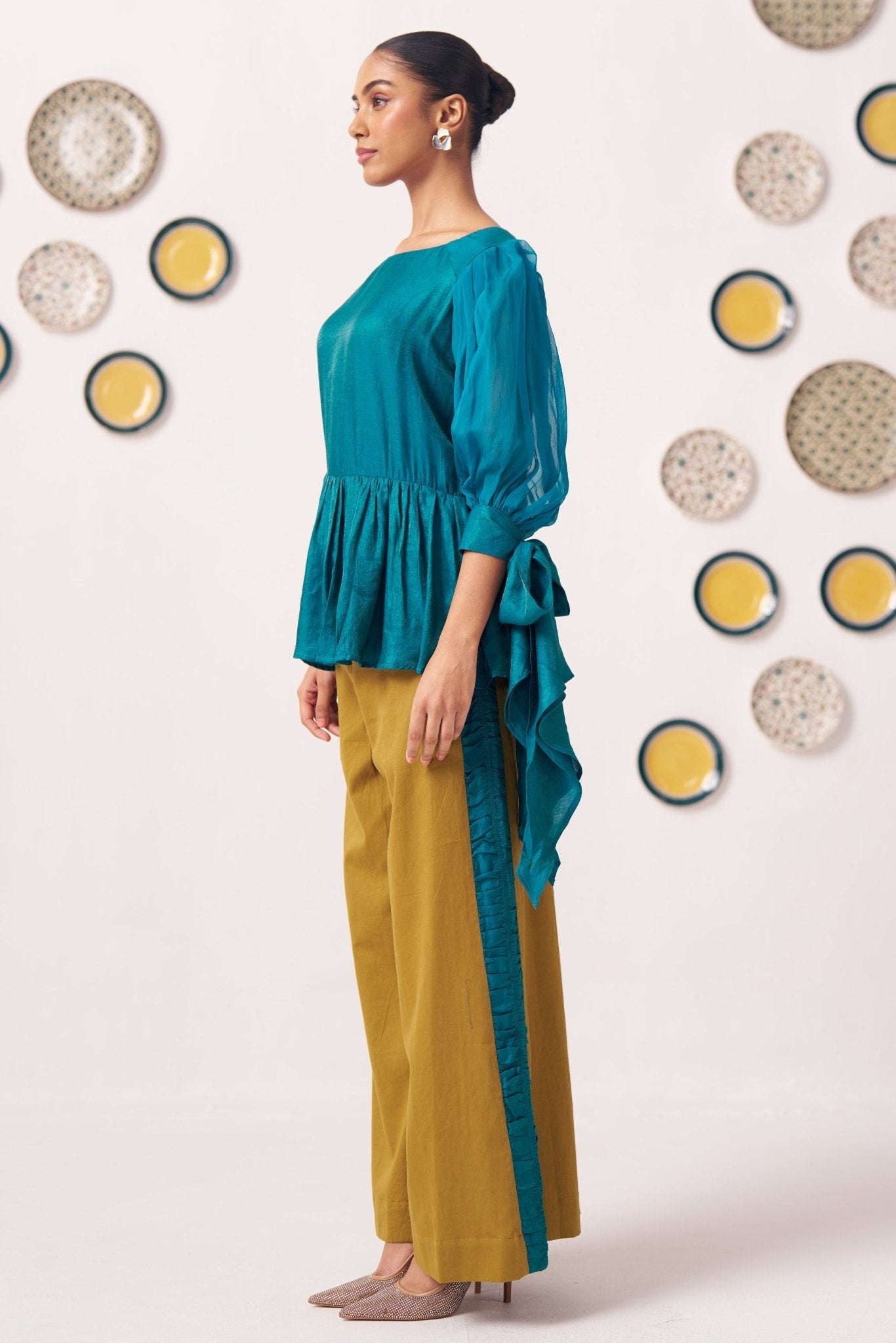 Shimmer Teal Pleated Top with Bow Tie Sleeve and Mustard Ruffled Trouser Set - Western Era Tops for women