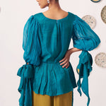 Shimmer Teal Pleated Top with Bow Tie Sleeve and Mustard Ruffled Trouser Set - Western Era Tops for women