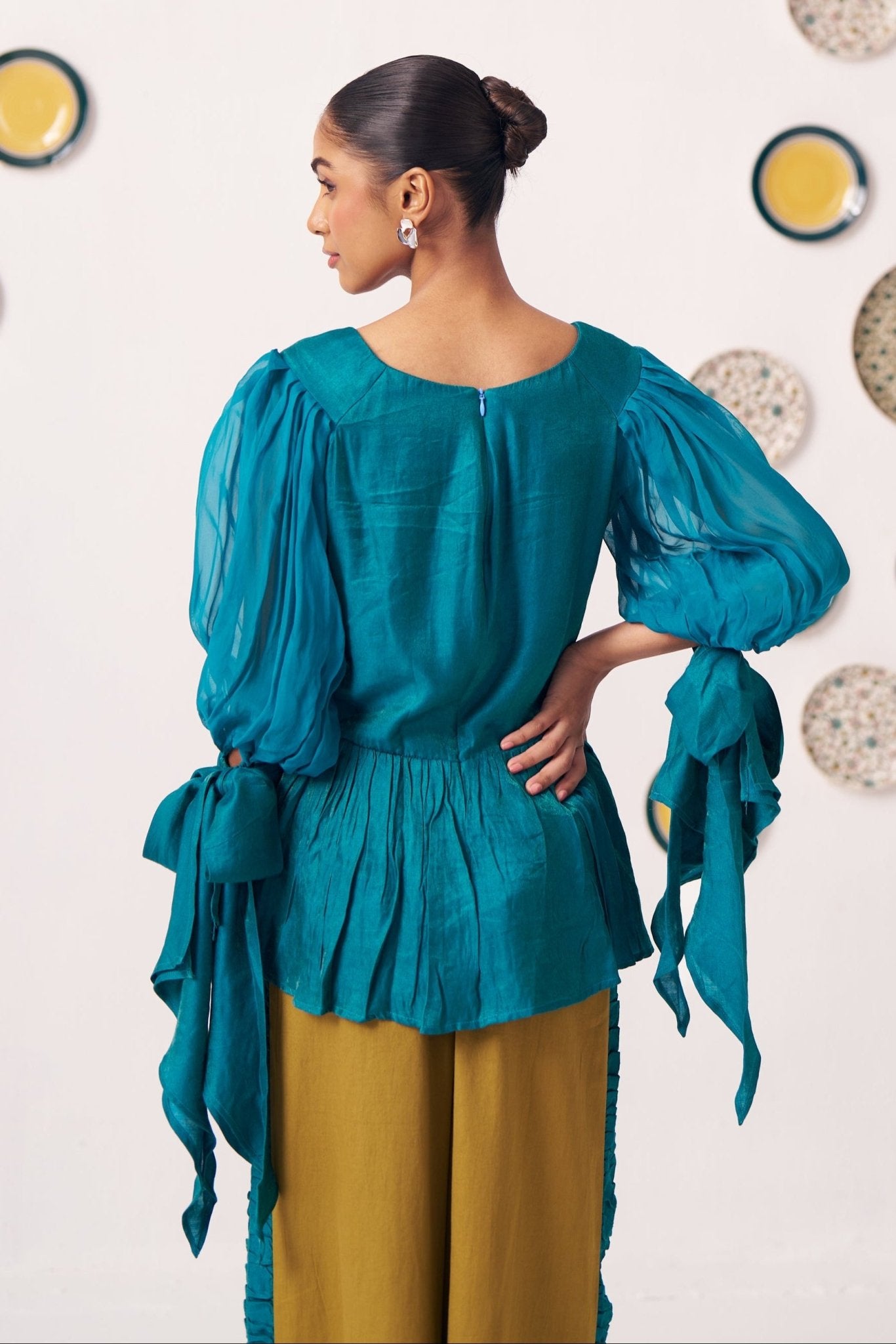 Shimmer Teal Pleated Top with Bow Tie Sleeve and Mustard Ruffled Trouser Set - Western Era Tops for women