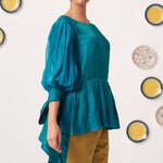 Shimmer Teal Pleated Top with Bow Tie Sleeve - Western Era Co - ord set for women