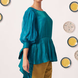 Shimmer Teal Pleated Top with Bow Tie Sleeve - Western Era Co - ord set for women
