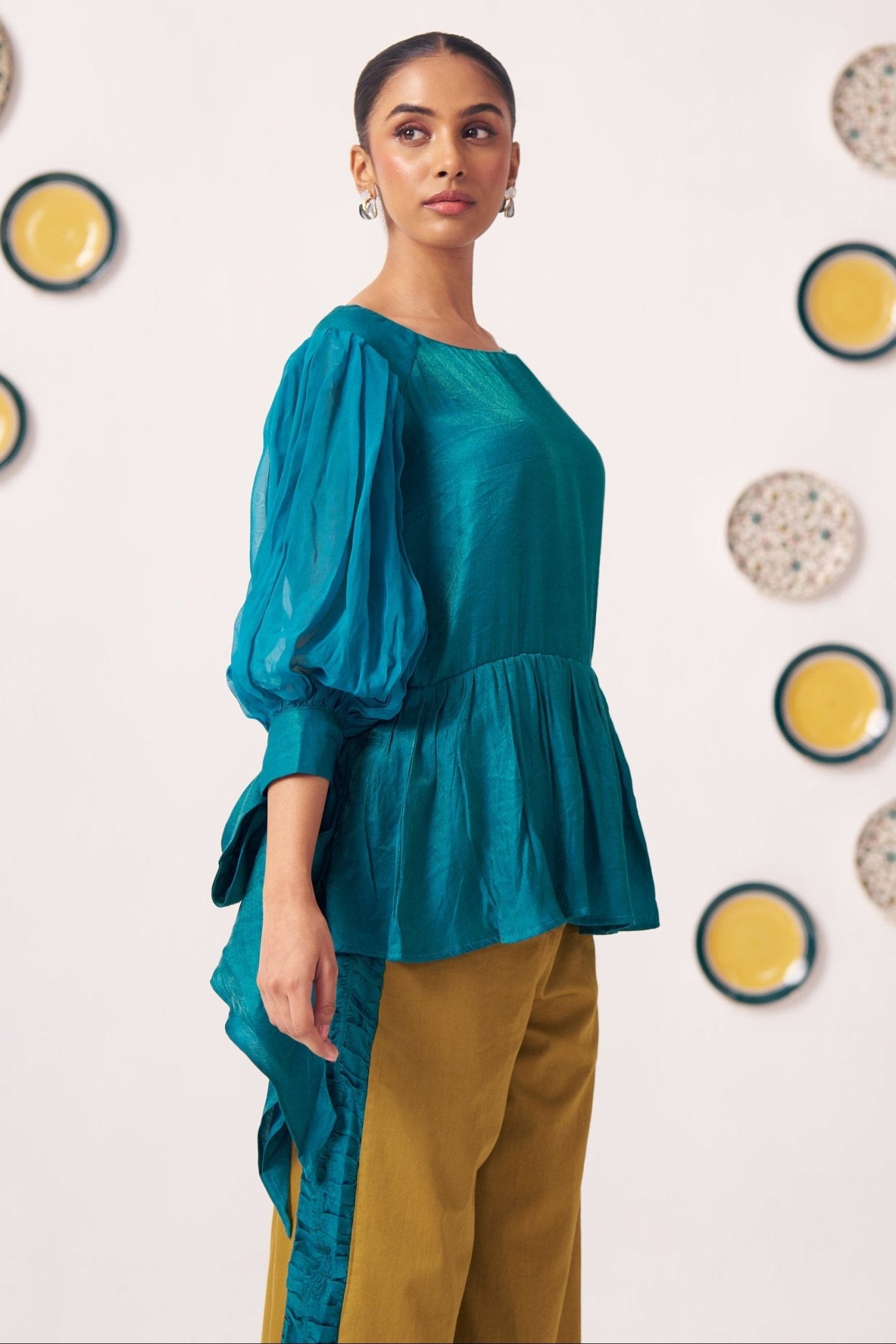 Shimmer Teal Pleated Top with Bow Tie Sleeve - Western Era Co - ord set for women