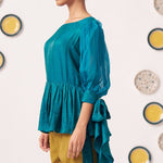 Shimmer Teal Pleated Top with Bow Tie Sleeve - Western Era Co - ord set for women