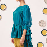 Shimmer Teal Pleated Top with Bow Tie Sleeve - Western Era Co - ord set for women
