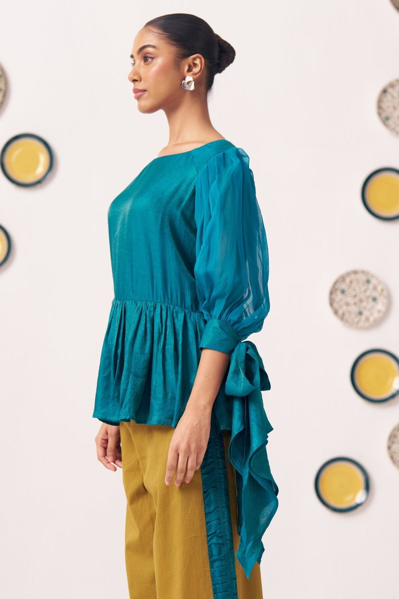 Shimmer Teal Pleated Top with Bow Tie Sleeve - Western Era Co - ord set for women