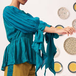Shimmer Teal Pleated Top with Bow Tie Sleeve - Western Era Co - ord set for women