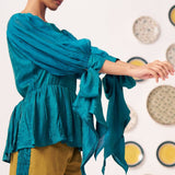 Shimmer Teal Pleated Top with Bow Tie Sleeve - Western Era Co - ord set for women