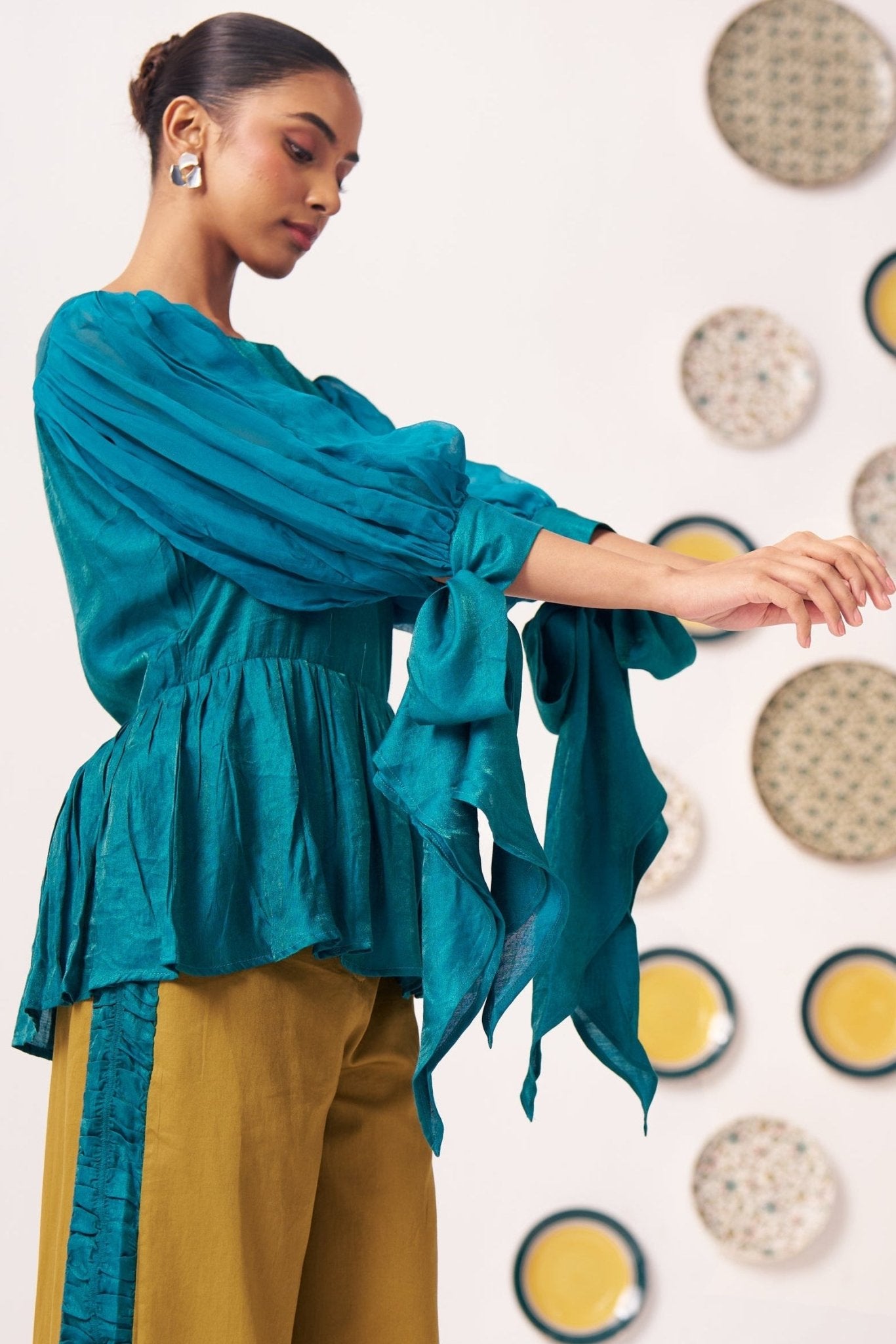 Shimmer Teal Pleated Top with Bow Tie Sleeve - Western Era Co - ord set for women