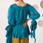 Shimmer Teal Pleated Top with Bow Tie Sleeve - Western Era Co - ord set for women