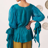 Shimmer Teal Pleated Top with Bow Tie Sleeve - Western Era Co - ord set for women