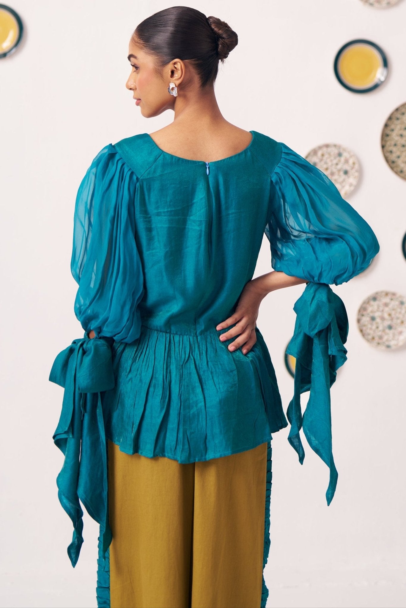 Shimmer Teal Pleated Top with Bow Tie Sleeve - Western Era Co - ord set for women