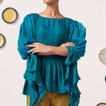 Shimmer Teal Pleated Top with Bow Tie Sleeve - Western Era Co - ord set for women