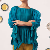 Shimmer Teal Pleated Top with Bow Tie Sleeve - Western Era Co - ord set for women