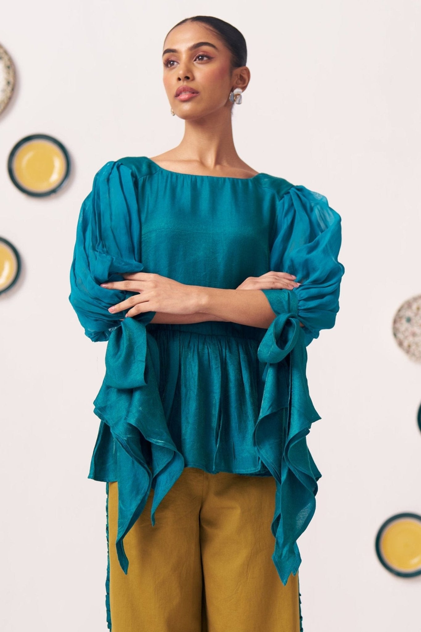 Shimmer Teal Pleated Top with Bow Tie Sleeve - Western Era Co - ord set for women
