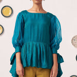 Shimmer Teal Pleated Top with Bow Tie Sleeve - Western Era Co - ord set for women
