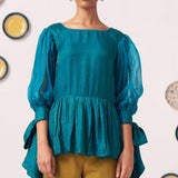 Shimmer Teal Pleated Top with Bow Tie Sleeve - Western Era Co - ord set for women