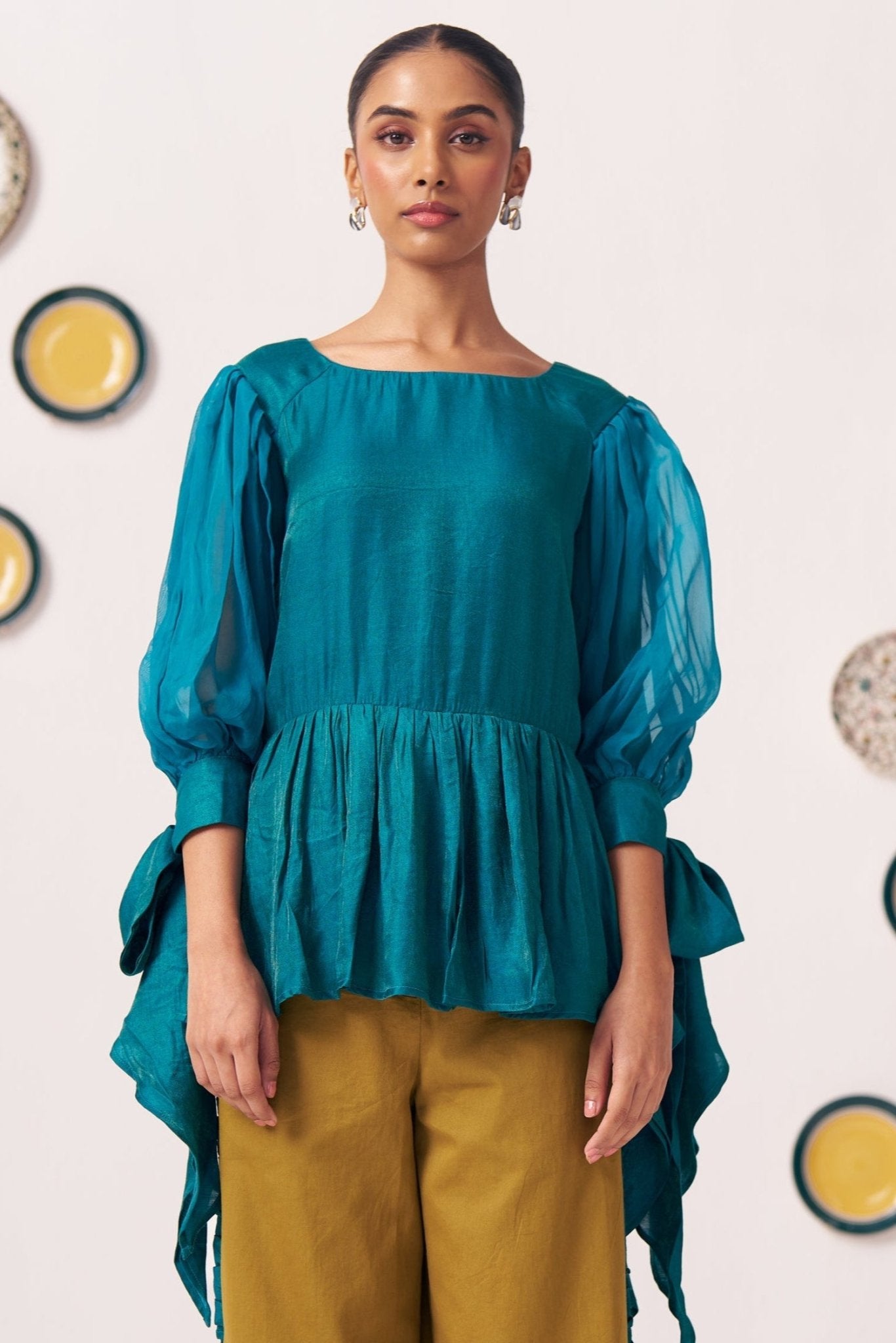 Shimmer Teal Pleated Top with Bow Tie Sleeve - Western Era Co - ord set for women