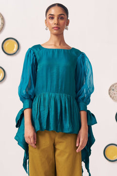 Shimmer Teal Pleated Top with Bow Tie Sleeve