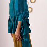 Shimmer Teal Pleated Top with Bow Tie Sleeve - Western Era Co - ord set for women