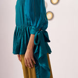 Shimmer Teal Pleated Top with Bow Tie Sleeve - Western Era Co - ord set for women