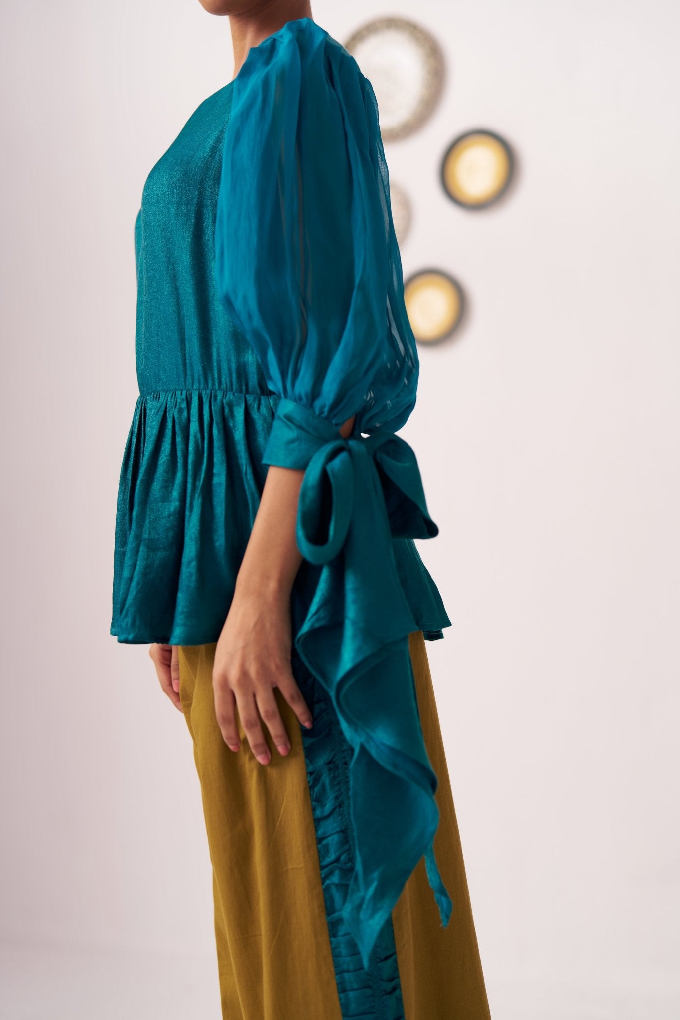 Shimmer Teal Pleated Top with Bow Tie Sleeve - Western Era Co - ord set for women