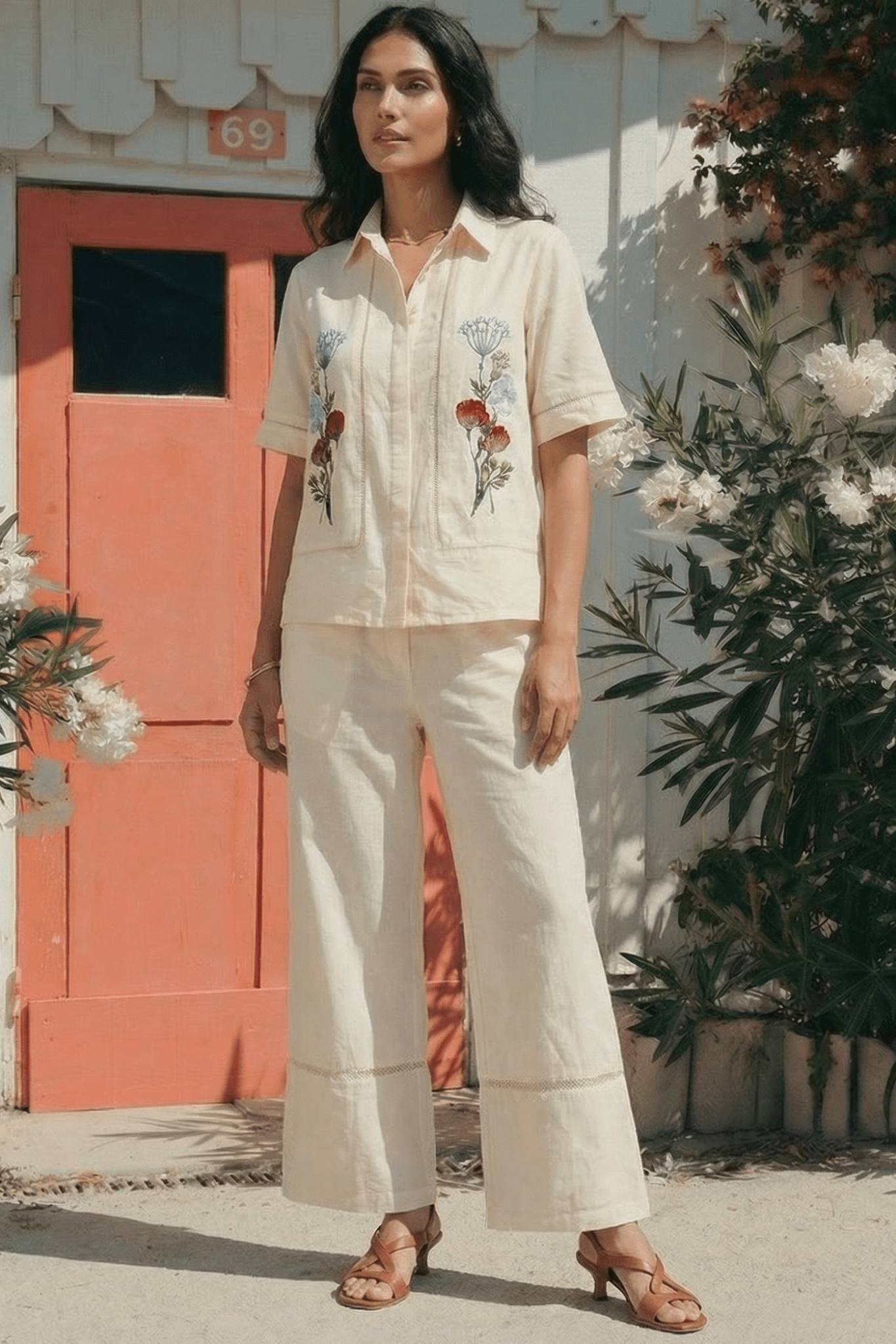 Shirt In Lace Embellishment with Front Floral Embroidery Co - ord Set - Western Era Co - ord set for women