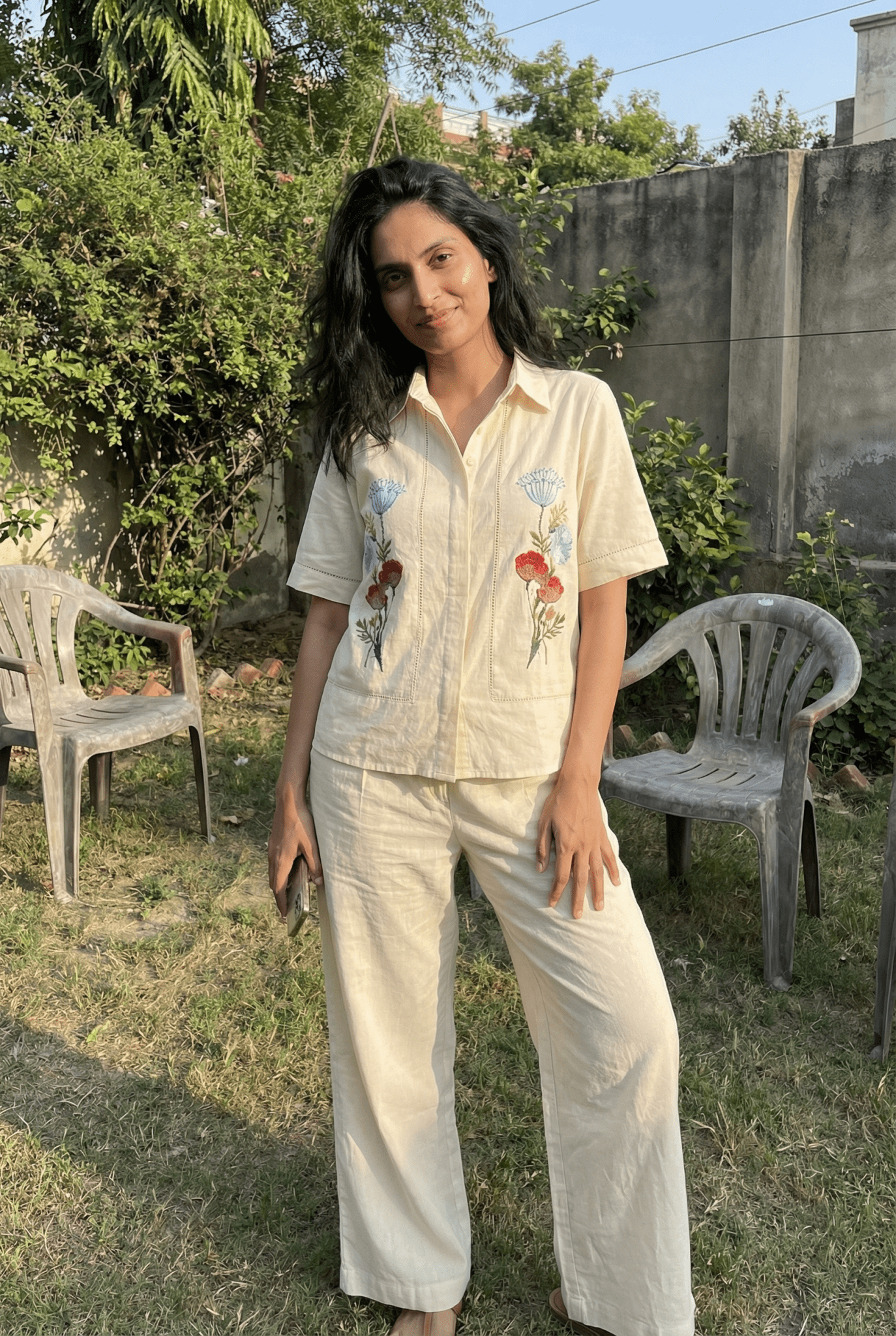 Shirt In Lace Embellishment with Front Floral Embroidery Co - ord Set - Western Era Co - ord set for women