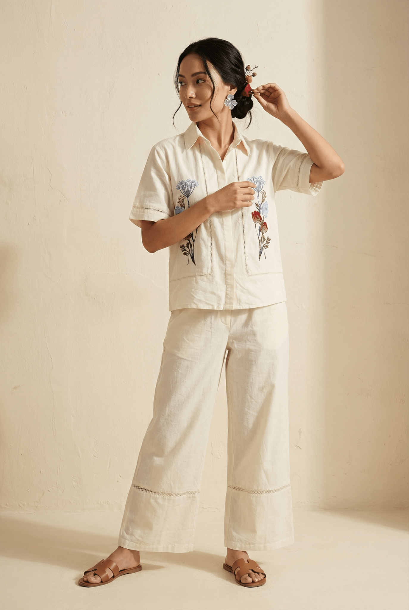 Shirt In Lace Embellishment with Front Floral Embroidery Co - ord Set - Western Era Co - ord set for women