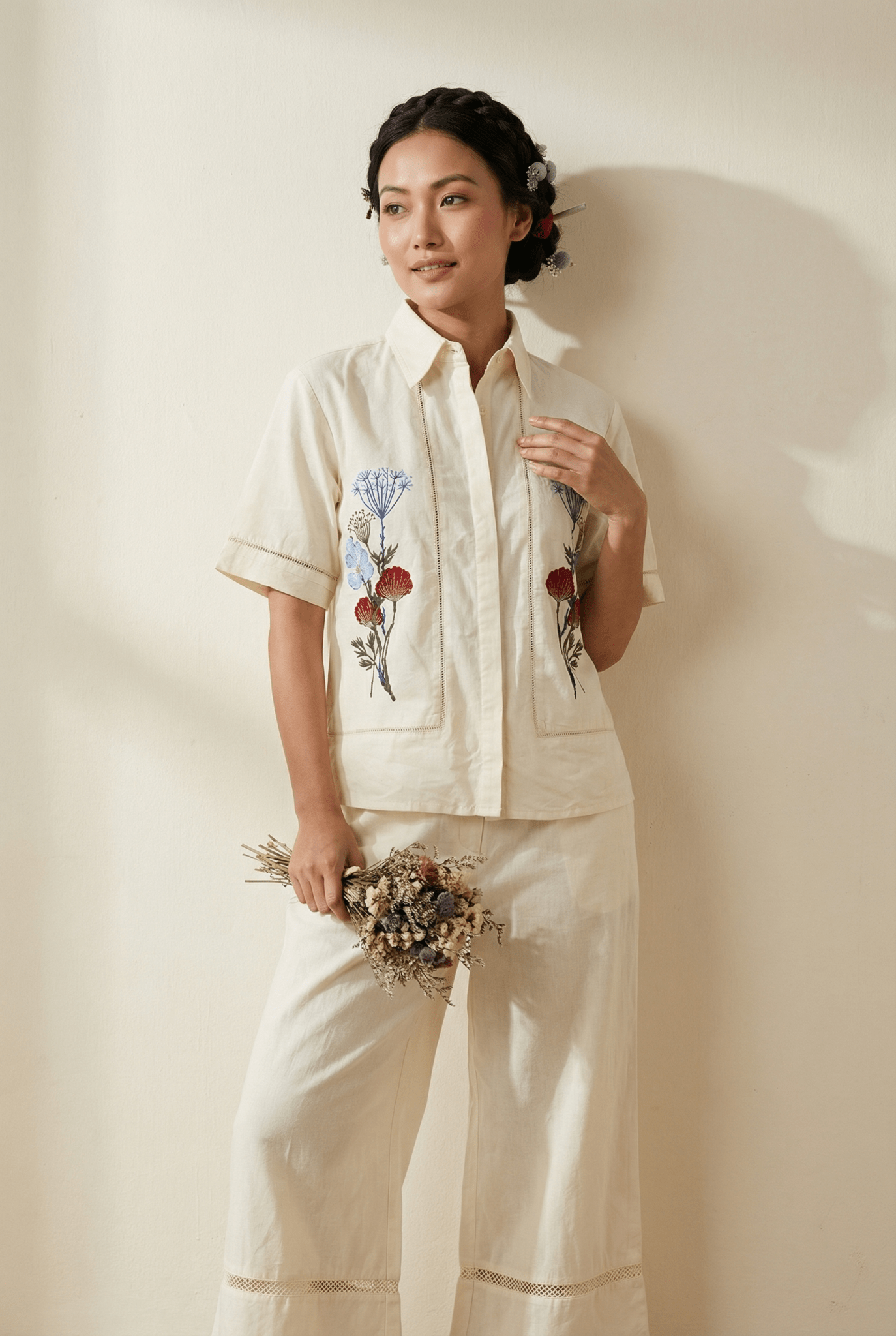 Shirt In Lace Embellishment with Front Floral Embroidery - Western Era Tops for women