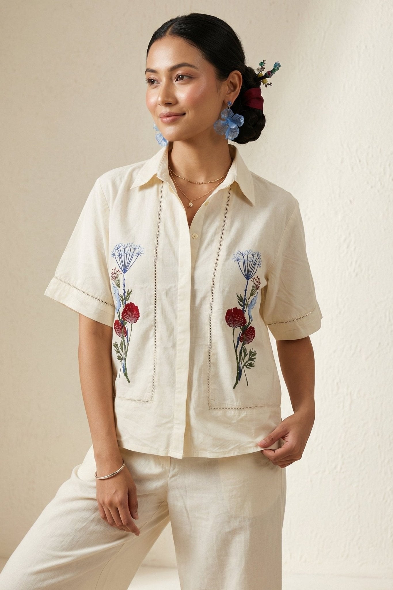 Shirt In Lace Embellishment with Front Floral Embroidery - Western Era Tops for women