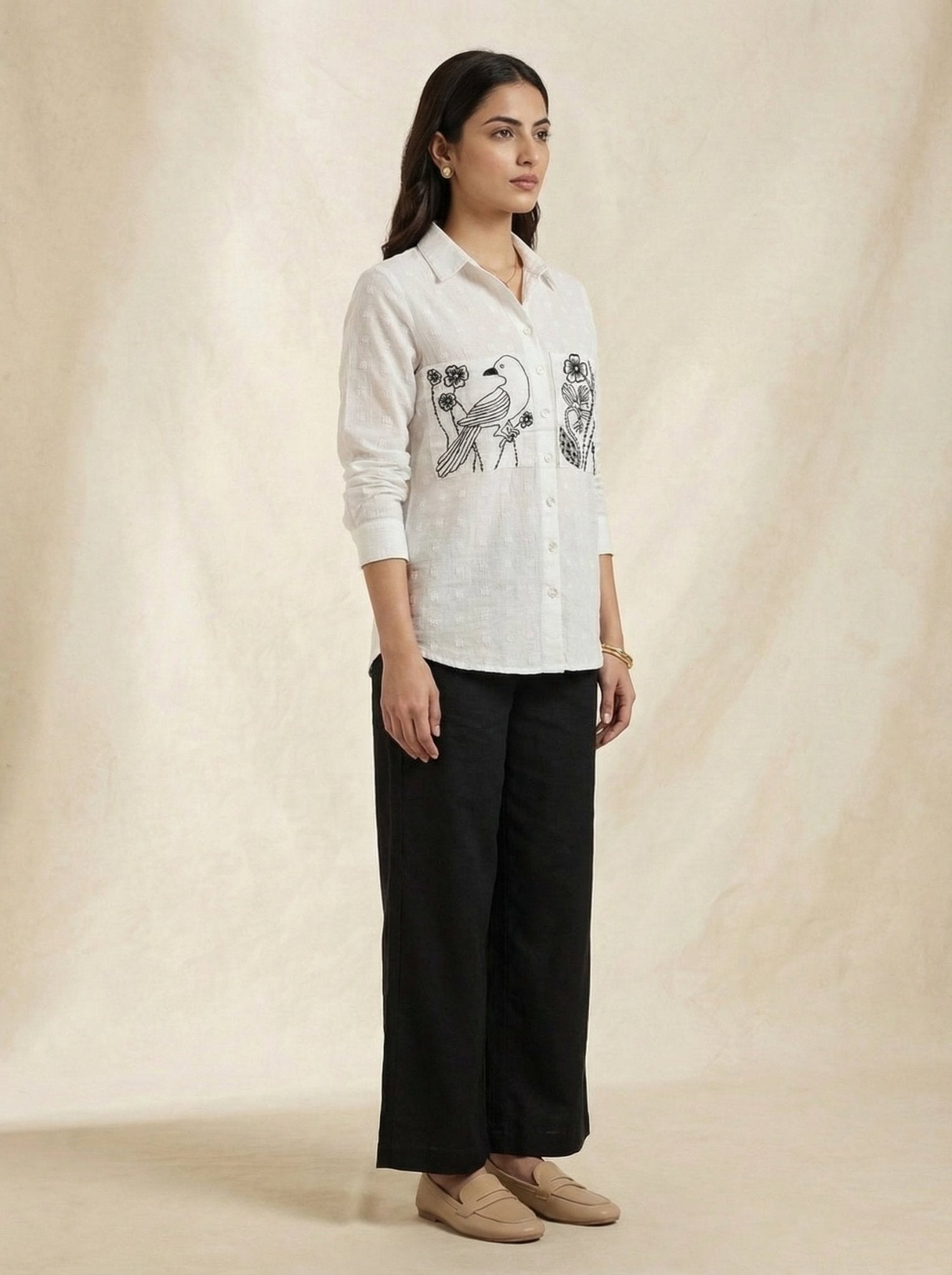 Shirt With Two Embroidered Pocket on Dobby Fabric Co - ord Set - Western Era Co - ord set for women