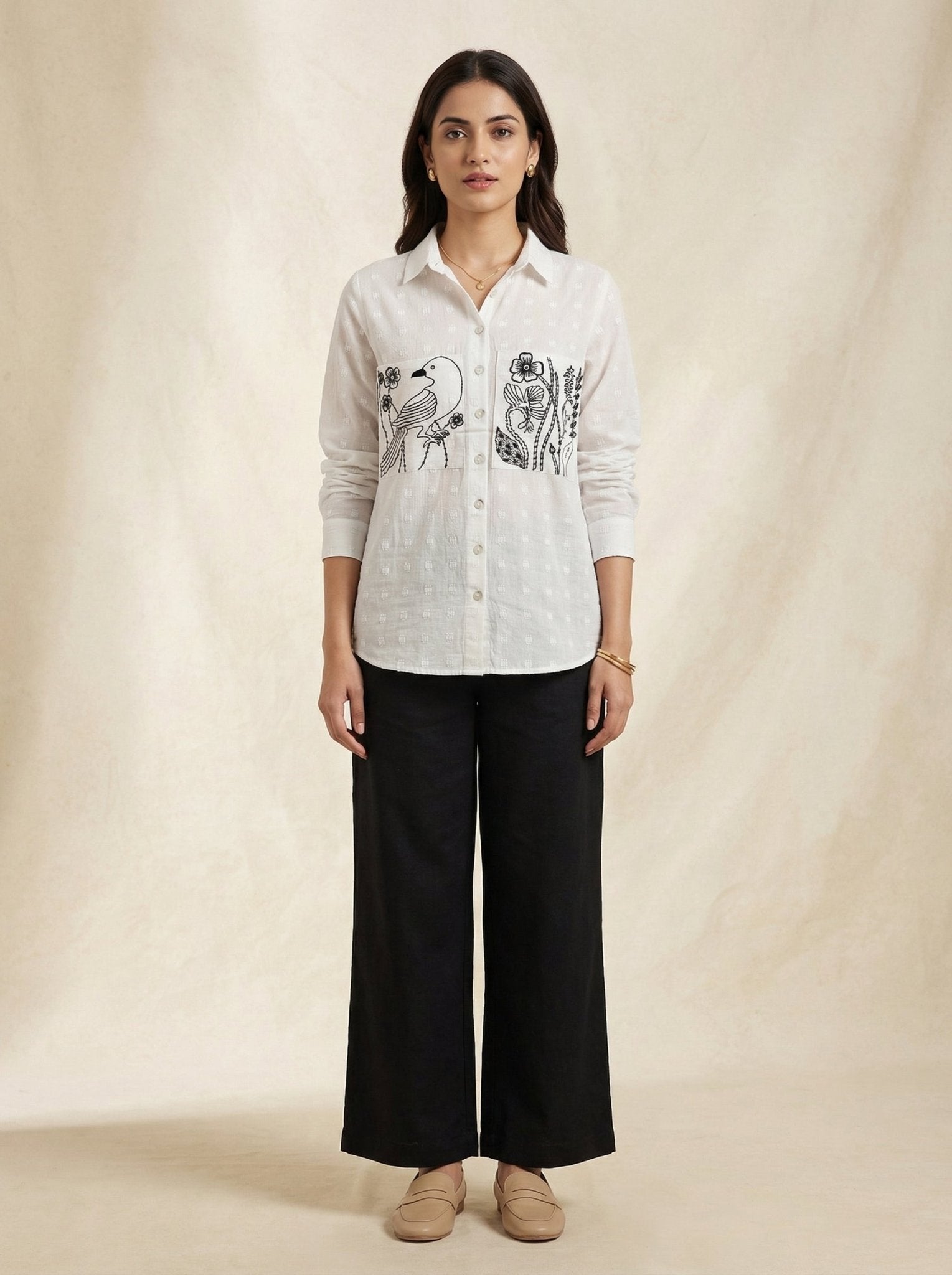 Shirt With Two Embroidered Pocket on Dobby Fabric Co - ord Set - Western Era Co - ord set for women