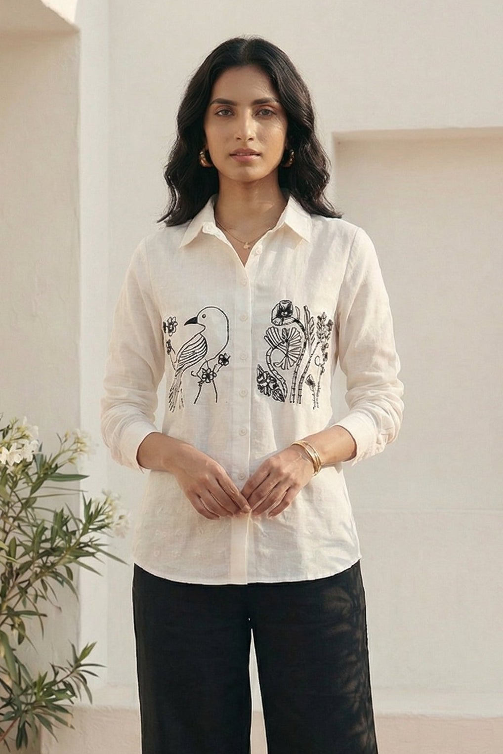 Shirt With Two Embroidered Pocket on Dobby Fabric - Western Era Tops for women