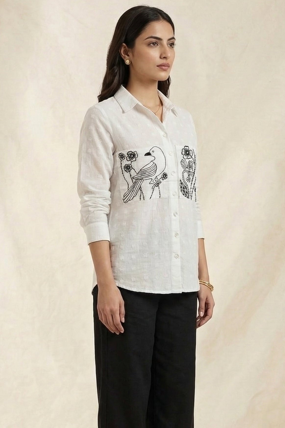 Shirt With Two Embroidered Pocket on Dobby Fabric - Western Era Tops for women