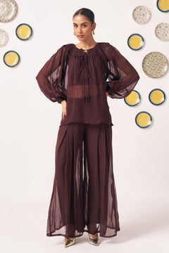 Sienna Chocolate Brown Sheer Gathered Top & Flowy Pants Co-Ord Set